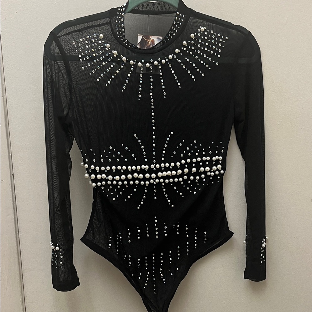 NWT Lena Vie Boutique Black Long Sleeve Bodysuit with Pearl Embellishments
